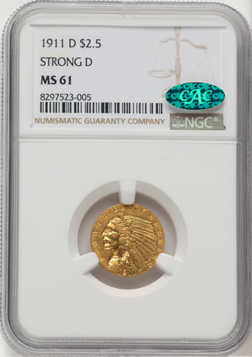 1911-D $2.50 CAC Indian Quarter Eagle NGC MS61. Third Image