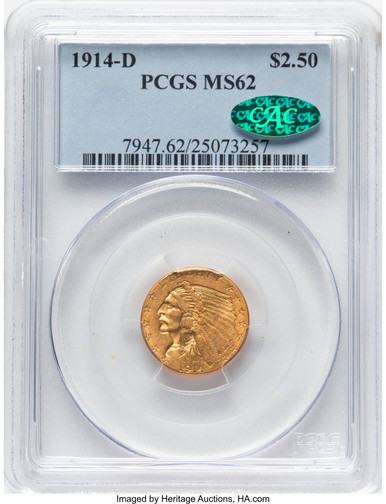 1914-D $2.50 CAC Indian Quarter Eagle PCGS MS62. Third Image