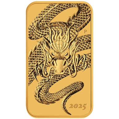2025 1 oz Gold Perth Mint Dragon Rectangular Coin. Third image.