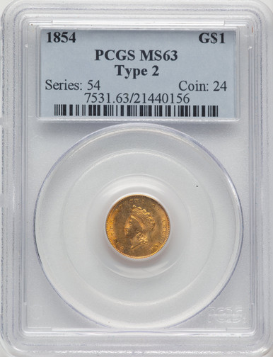 1854 G$1 Type Two Gold Dollar PCGS MS63 (777420004) - LCR Coin