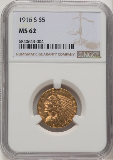 1916-S $5 Indian Half Eagle NGC MS62 (507448001). Third Image