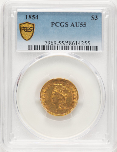 1854 $3 Three Dollar Gold Pieces PCGS AU55. Third Image