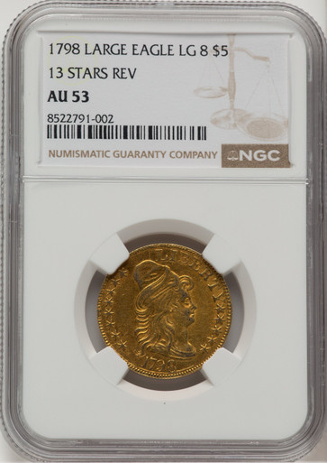 1798 $5 Lg Eagle Lg 8 13 Star Rev Early Half Eagle NGC AU53. Third Image