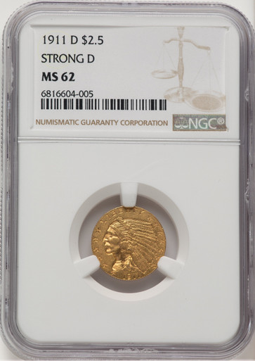 1911-D $2.50 Indian Quarter Eagle NGC MS62 (763757003). Third Image