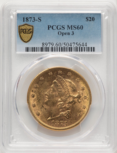 1873-S $20 OPEN 3 Liberty Double Eagle PCGS MS60. Third Image