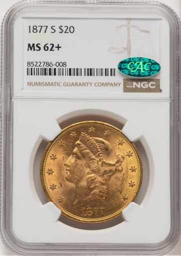 1877-S $20 CAC Liberty Double Eagle NGC MS62+. Third Image