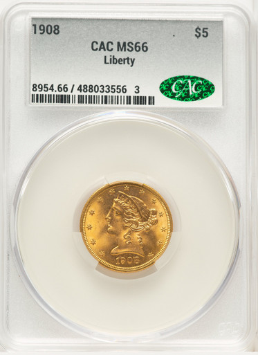 1908 $5 Liberty Liberty Half Eagle CACG MS66. Third Image