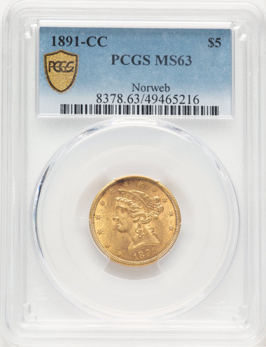 1891-CC $5 Liberty Half Eagle PCGS MS63 (777616004). Third Image