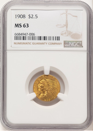 1908 $2.50 Brown Label Indian Quarter Eagle NGC MS63. Third Image