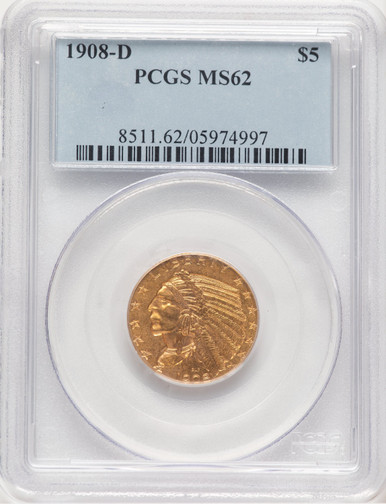 1908-D $5 Indian Half Eagle PCGS MS62 (779143030). Third Image