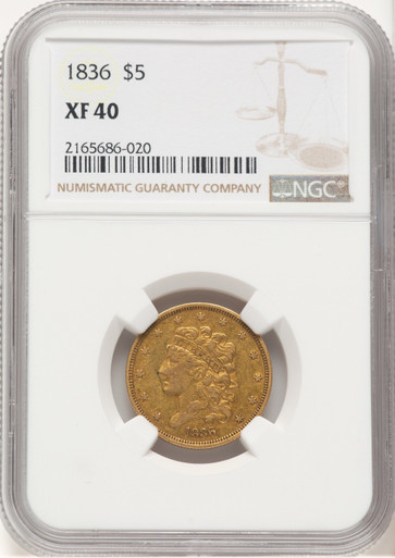 1836 $5 Brown Label Classic Half Eagle NGC XF40. Third Image