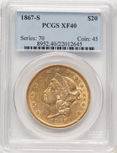 1867-S $20 Liberty Double Eagle PCGS XF40. Third Image