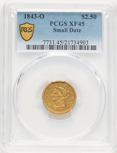 1843-O $2.50 Small Date Crosslet 4 Blue Gradient Liberty Quarter Eagle PCGS XF45. Fourth image.