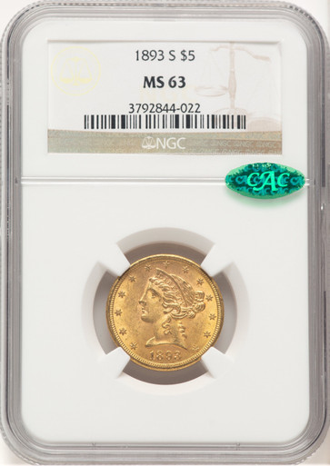 1893-S $5 CAC Liberty Half Eagle NGC MS63. Third Image
