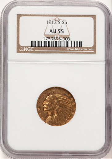 1912-S $5 Indian Half Eagle NGC AU55. Third Image