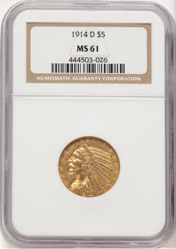 1914-D $5 Indian Half Eagle NGC MS61 (506475027). Third Image