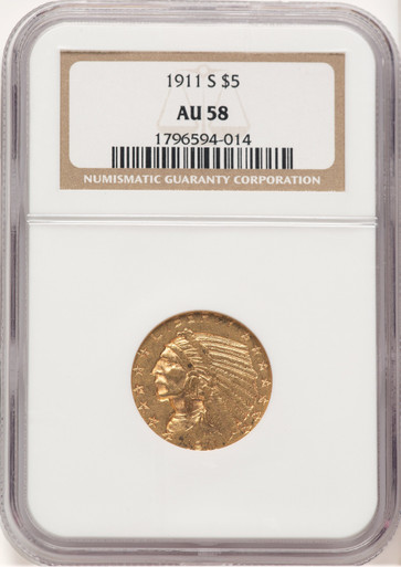 1911-S $5 Indian Half Eagle NGC AU58 (506475028). Third Image
