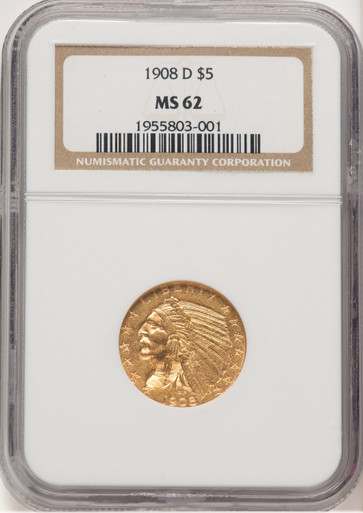 1908-D $5 Indian Half Eagle NGC MS62 (506475029). Fourth image.