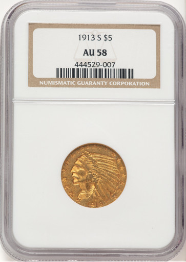 1913-S $5 Indian Half Eagle NGC AU58 (506475026). Third Image