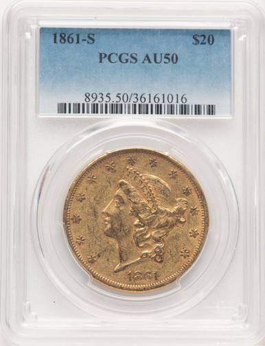 1861-S $20 Liberty Double Eagle PCGS AU50 (777525162). Third Image