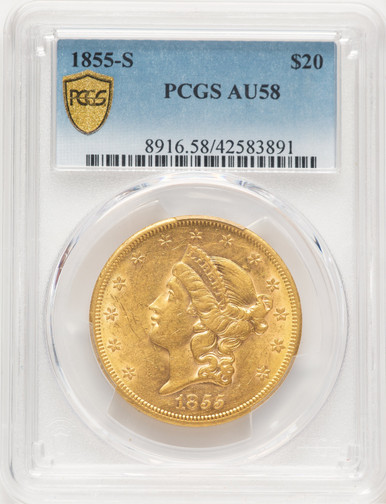 1855-S $20 Liberty Double Eagle PCGS AU58. Third Image