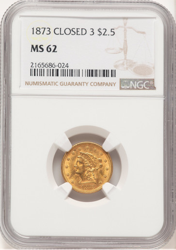 1873 $2.50 Closed 3 Brown Label Liberty Quarter Eagle NGC MS62. Fourth image.