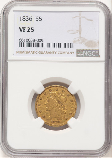 1836 $5 Classic Half Eagle NGC VF25. Fourth image.