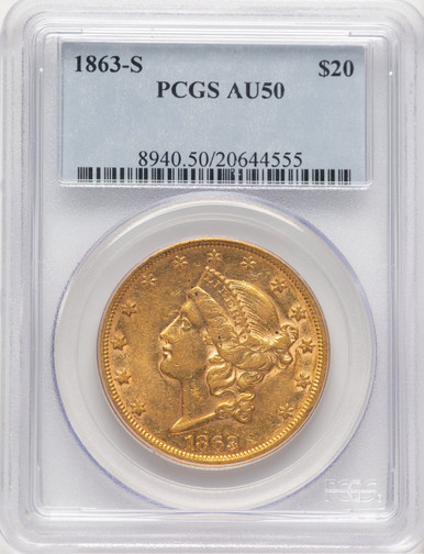 1863-S $20 Liberty Double Eagle PCGS AU50. Third Image