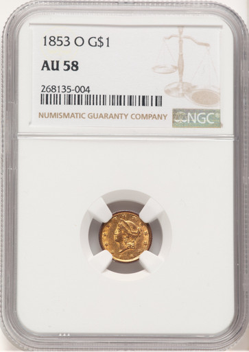 1853-O G$1 Brown Label Gold Dollar NGC AU58. Third Image