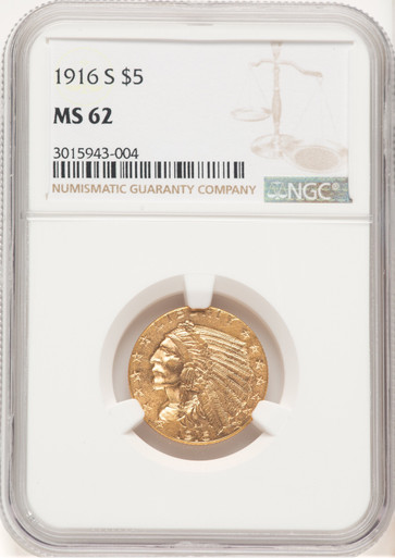 1916-S $5 Indian Half Eagle NGC MS62 (777420006). Third Image