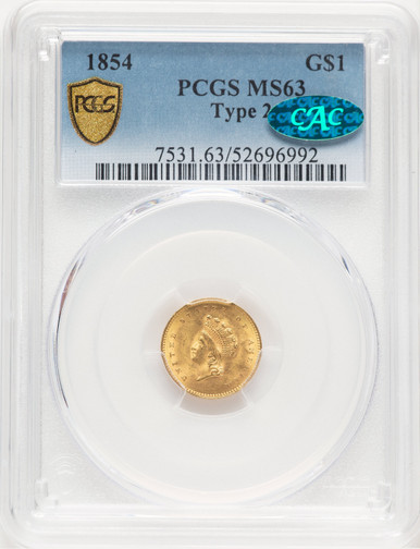 1854 G$1 Type Two CAC Gold Dollar PCGS MS63. Third Image