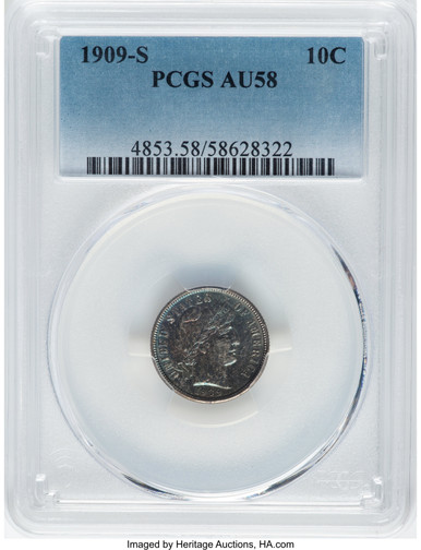 1909-S 10C Barber Dime PCGS AU58. Third Image