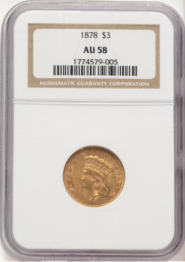1878 $3 Three Dollar Gold Pieces NGC AU58. Third image.