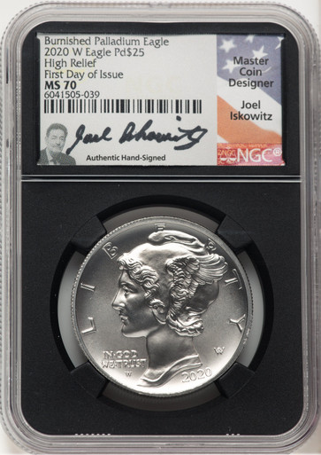 2020-W Palladium Eagle 1 oz Burnished FDI Joel Iskowitz NGC MS70