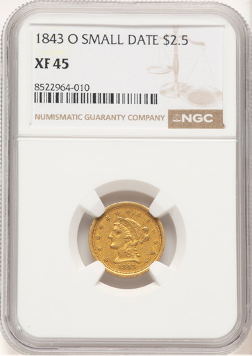 1843-O $2.50 Small Date Crosslet 4 Liberty Quarter Eagle NGC XF45. Fourth image.