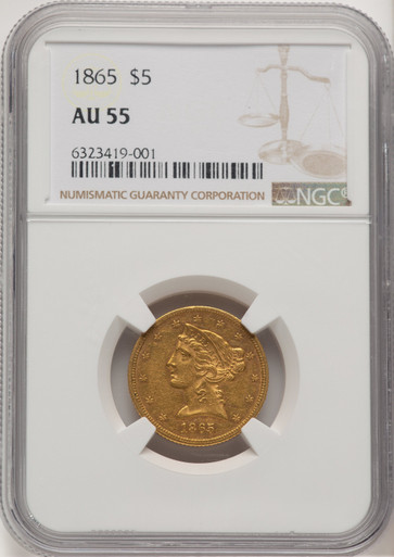 1865 $5 Liberty Half Eagle NGC AU55. Third image.