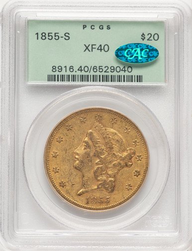 1855-S $20 CAC Liberty Double Eagle PCGS XF40. Third Image