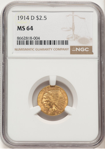 1914-D $2.50 Indian Quarter Eagle NGC MS64 (776679007). Third Image