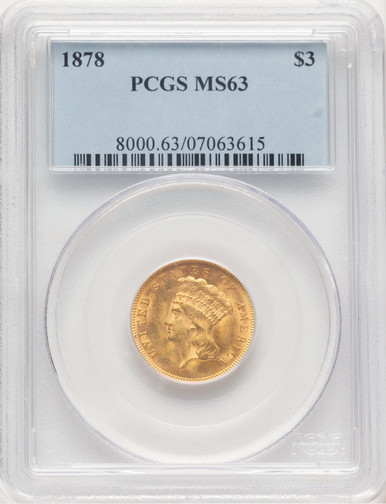 1878 $3 Three Dollar Gold Pieces PCGS MS63 (778240002). Third Image