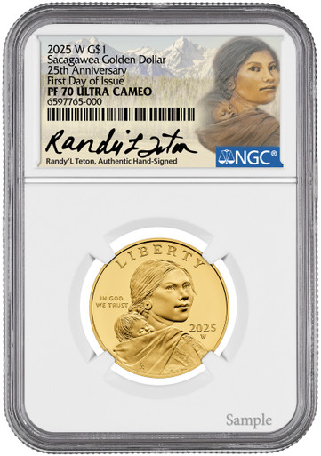 2025 W G$1 Sacagawea, 25th Anniversary Golden Dollar 24K FDI NGC