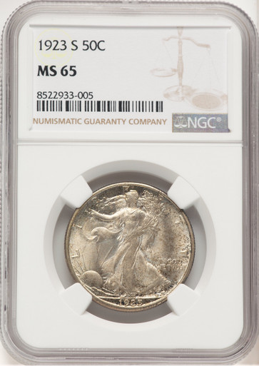 1923-S 50C Walking Liberty Half Dollar NGC MS65. Third image.