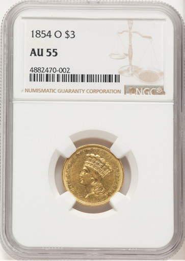 1854-O $3 Three Dollar Gold Pieces NGC AU55. Fourth image.