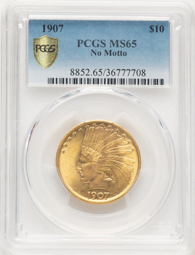 1907 $10 No Motto Indian Eagle PCGS MS65. Fourth image.