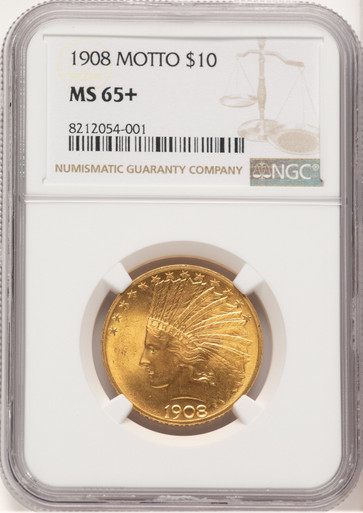 1908 $10 MOTTO Indian Eagle NGC MS65+. Fourth image.
