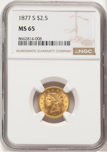 1877-S $2.50 Liberty Quarter Eagle NGC MS65. Third Image