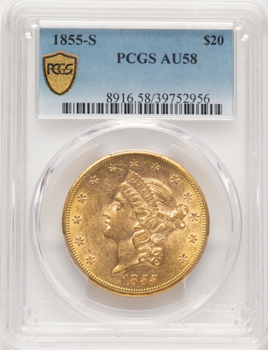 1855-S $20 Liberty Double Eagle PCGS AU58 (779331013). Third Image