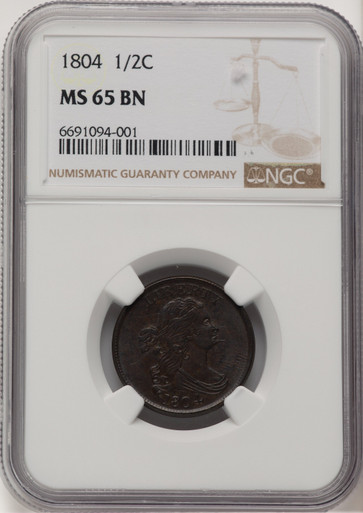 1804 1/2 C Plain 4 No Stems BN Brown Label Half Cent NGC MS65. Fourth image.