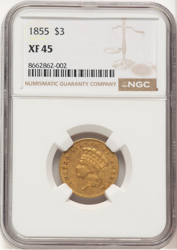 1855 $3 Three Dollar Gold Pieces NGC XF45 (779299015). Third Image