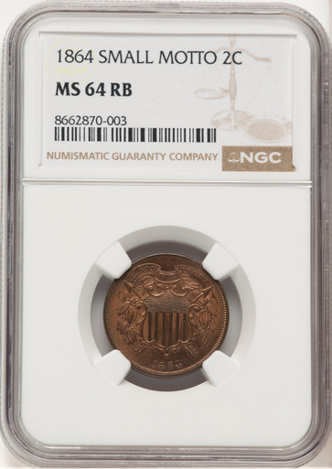 1864 Small Motto RB Two Cent Pieces NGC MS64. Third image.