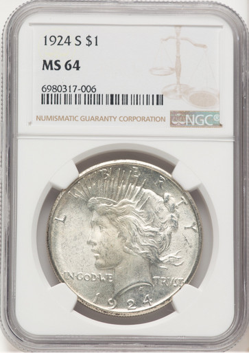 1924-S Peace Dollar NGC MS64. Third Image